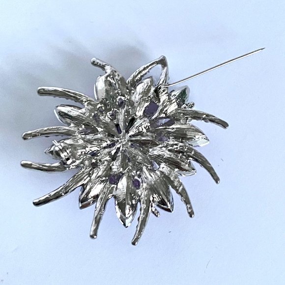 Purple Rhinestones Flower Large Crystal Floral Brooch Silver Tone 2.5in - Picture 10 of 11